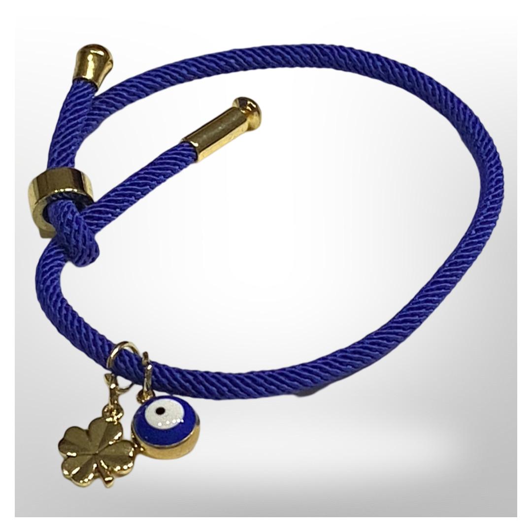 Pulsera Azul Ajustable - Trébol y Ojo Turco