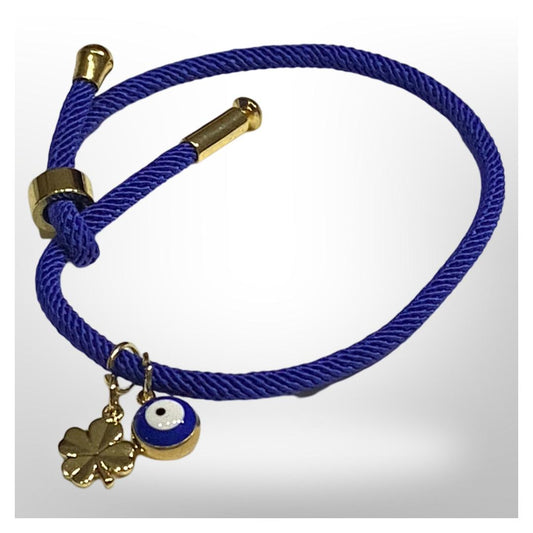 Pulsera Azul Ajustable - Trébol y Ojo Turco