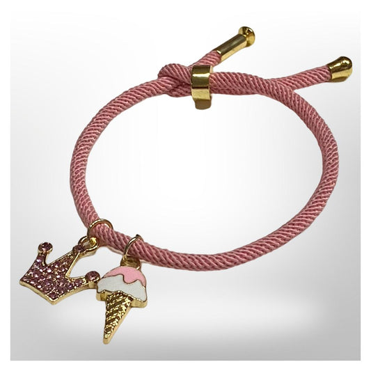 Pulsera Rosa Ajustable -  Corona y Cono de Helado
