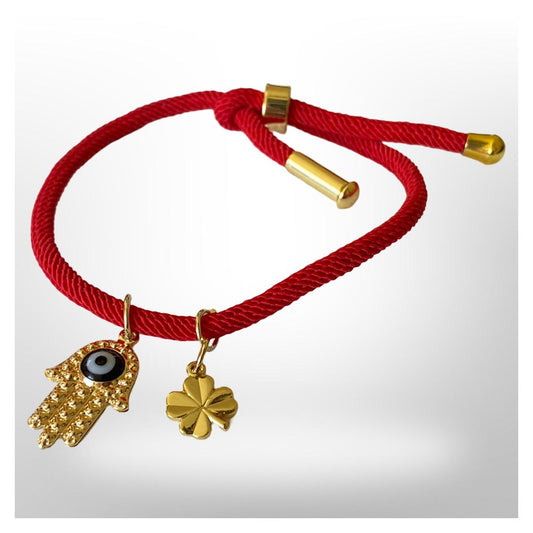 Pulsera Roja Ajustable -  Mano con ojo turco y trébol