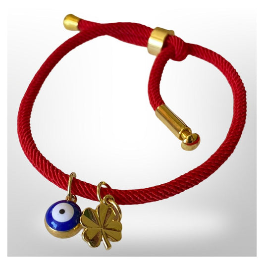Pulsera Roja Ajustable -  Ojo turco azul y trébol