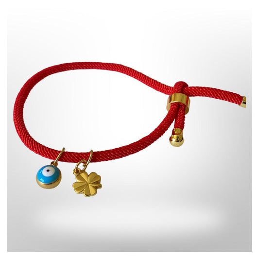 Pulsera Roja Ajustable -  Ojo turco y trébol