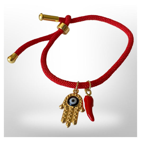 Pulsera Roja Ajustable -  Mano con ojo turco, ají